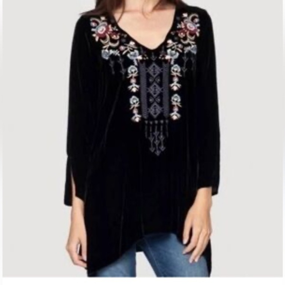 Johnny Was Elise black embroidered velvet tunic shirt dress in size Small